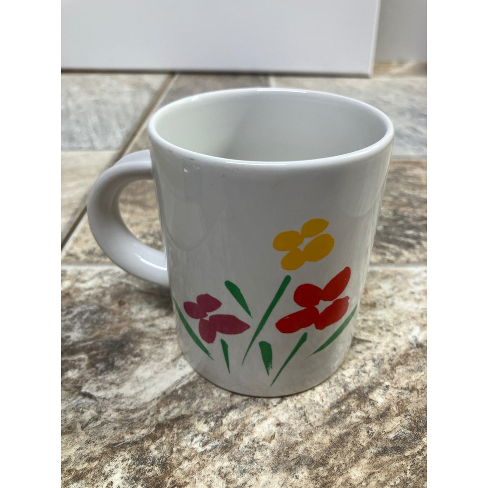 Vintage 1985 Teleflora Floral Sun Ceramic Coffee Mug White Flower 80s Retro